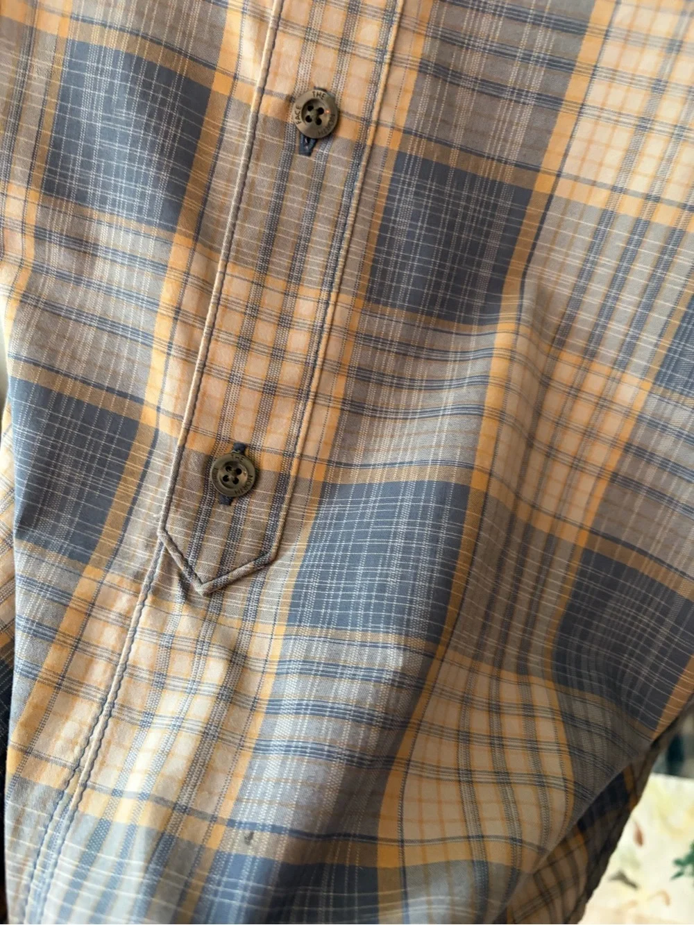 The North Face Men's Blue and Tan Plaid Button-Down Shirt